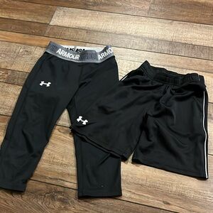 Girls UA bottoms: capri leggings and basketball shorts